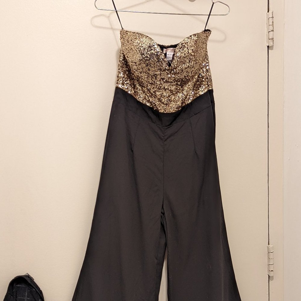 Strapless Gold Sequin Flare-Legged Jumpsuit